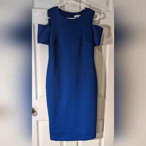Calvin Klein Womens Solid Blue Ruffle Cold Shoulder Sheath Dress Size 6 NWT